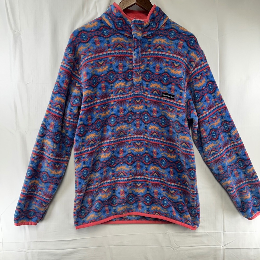 Southern Marsh Pullover Fleece Mens Small Blue Multi Geometric Quarter Zip